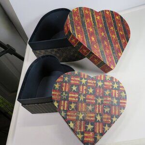 Patriotic (2) Heart Shaped Bob's Boxes warm colors Antique Look flag